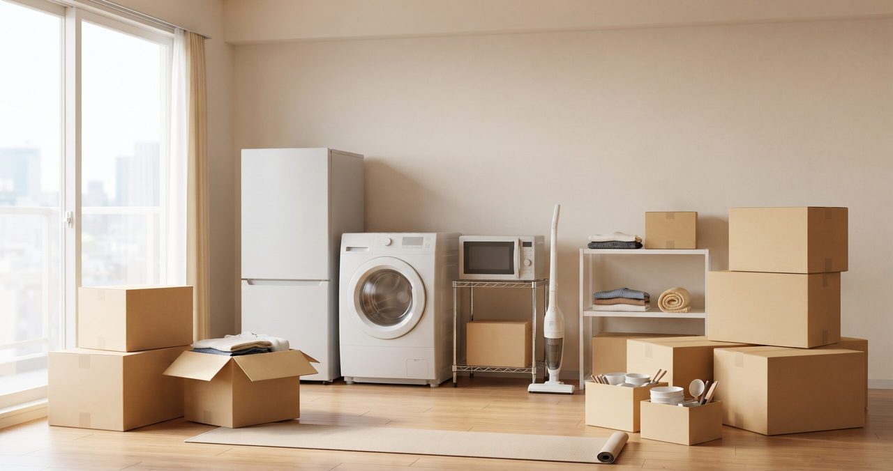 冷蔵庫、洗濯機、棚、段ボール箱がまとまって置かれた、人のいない広い部屋