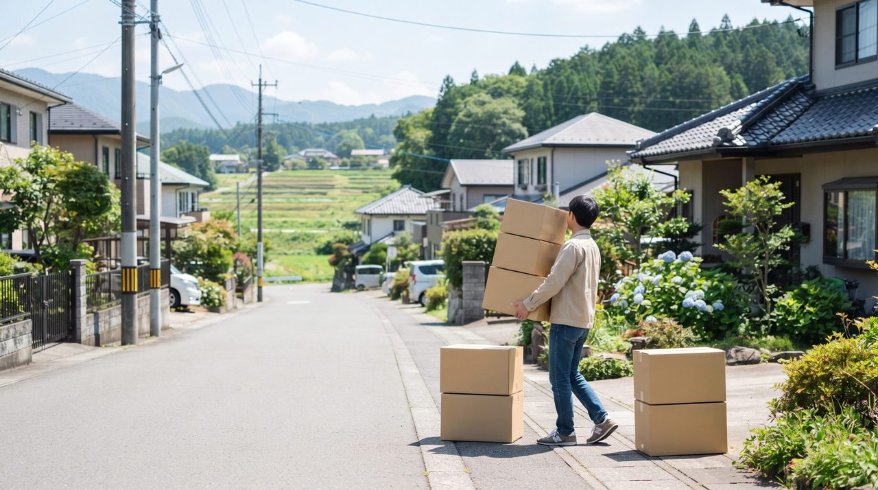 田園風景が見える住宅街の道で、段ボール箱を持って歩く人
