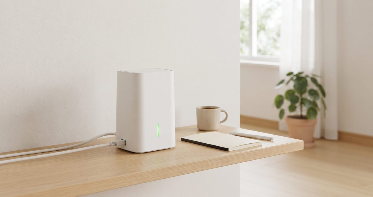 白いWi-Fiルーターが机の上に置かれ、コードがつながっている様子と、カップと観葉植物