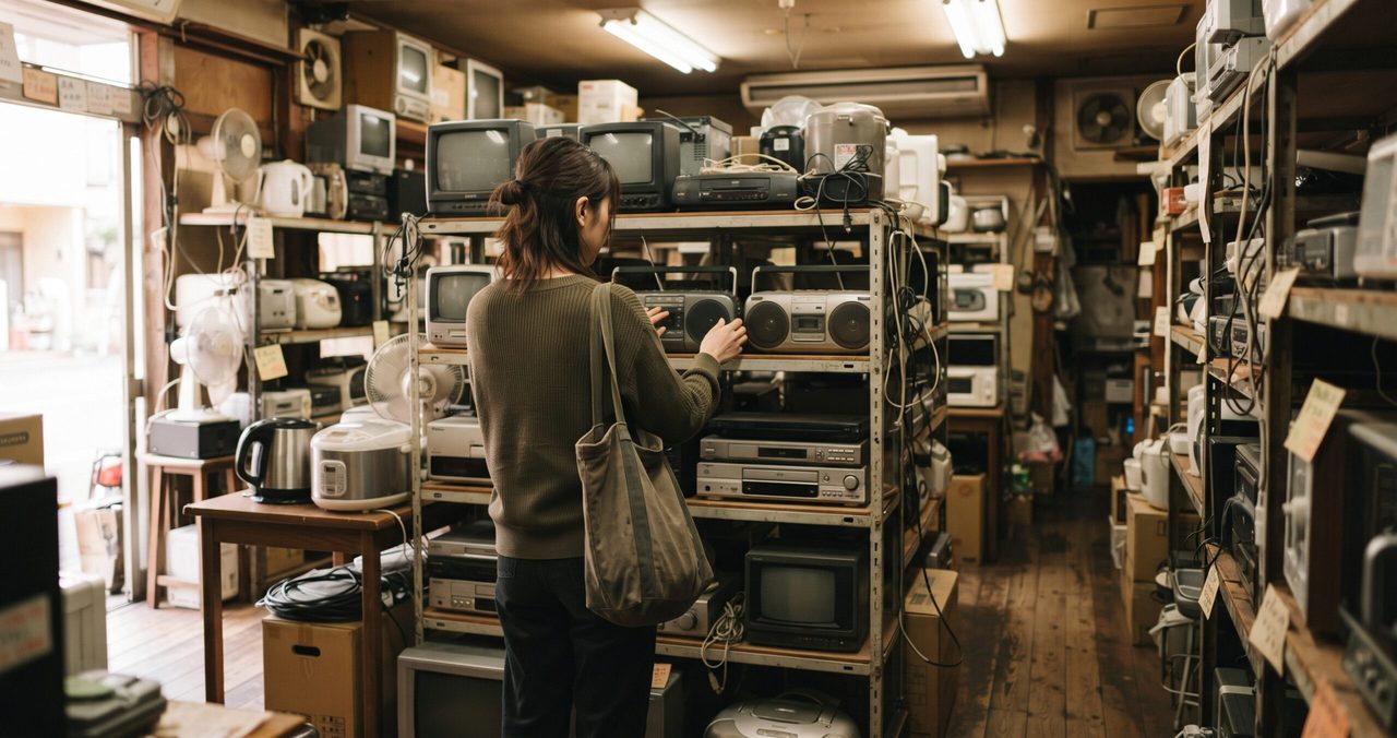 家電やラジオ、テレビが棚にぎっしり並ぶ、古いリサイクルショップの店内で品物を見る女性