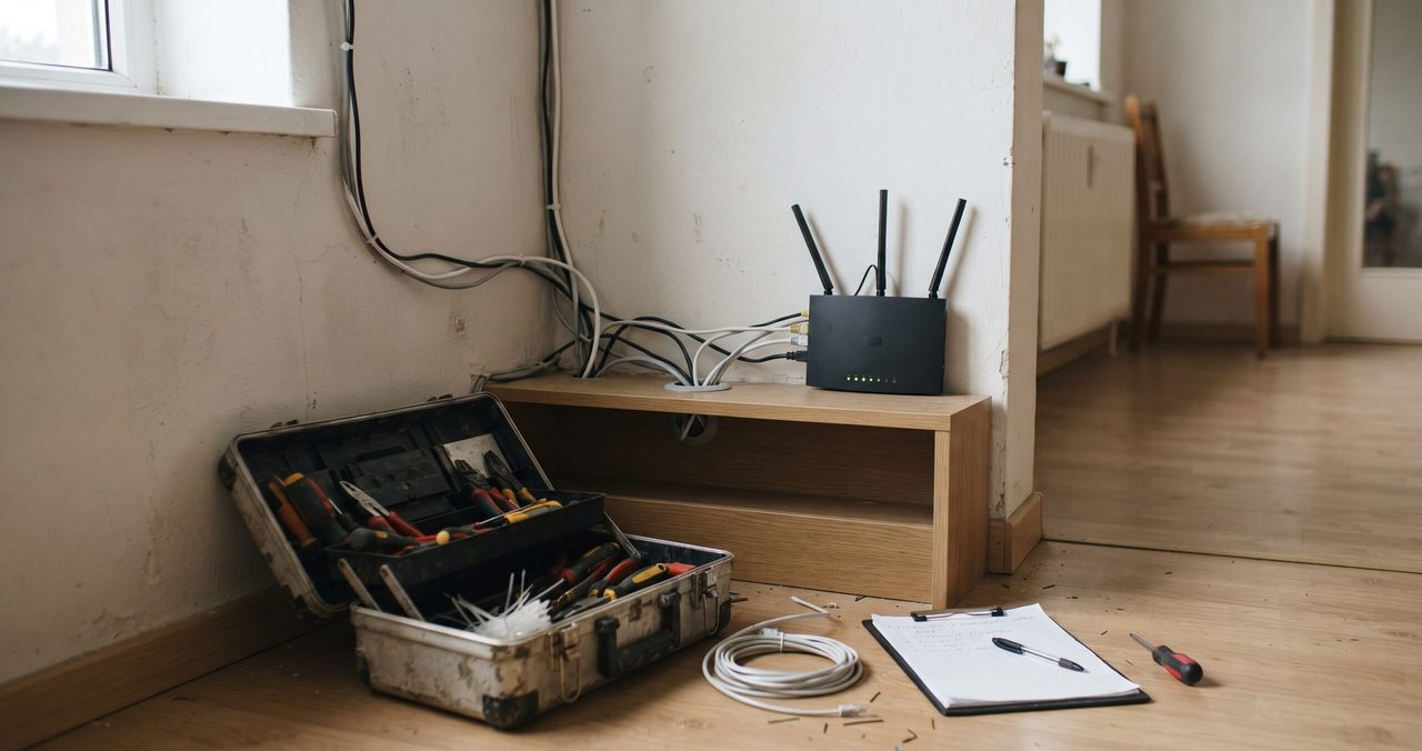 壁に取り付けたWi-Fiルーターと、そばの床に置かれた工具箱と配線コード、書類