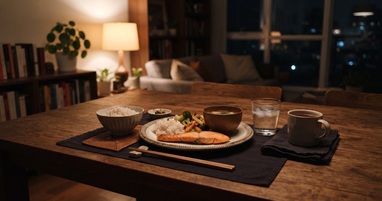 夜のリビングで一人分の食卓が整えられた写真