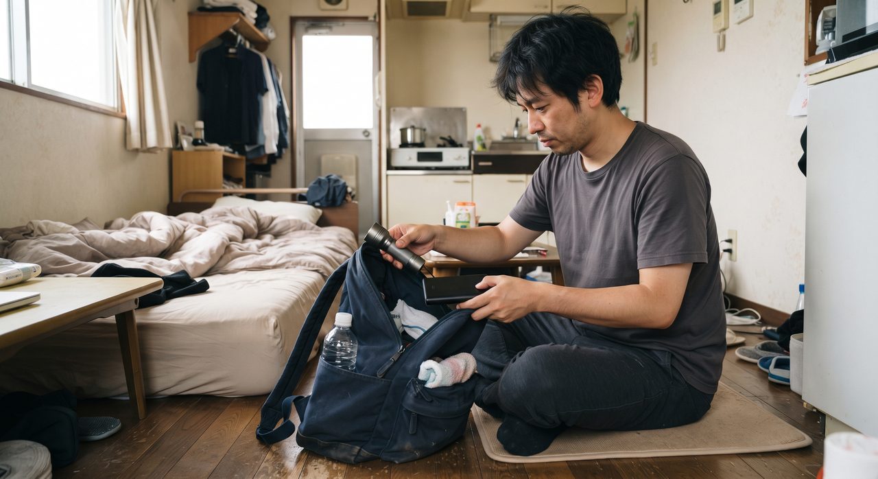 単身赴任先のワンルームで、人物が防災リュックにモバイルバッテリーや懐中電灯を詰めている様子