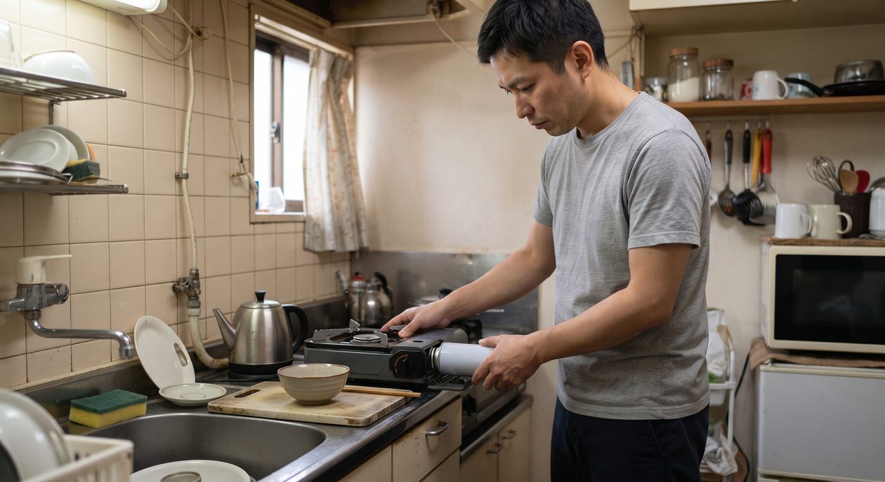 単身赴任先のキッチンで、人物がカセットコンロにカセットボンベをセットしている様子