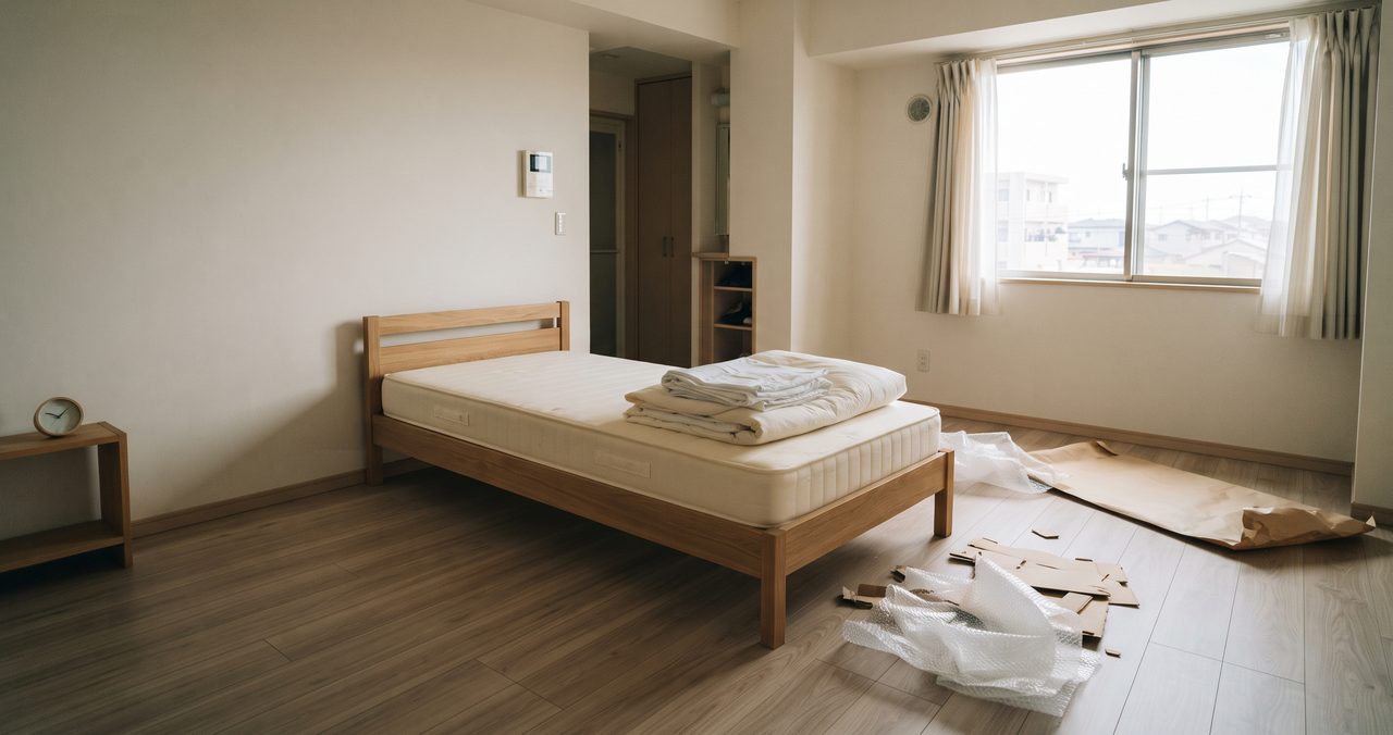 単身赴任先の1Kの部屋に搬入されたばかりの無地のシングルベッドと梱包材