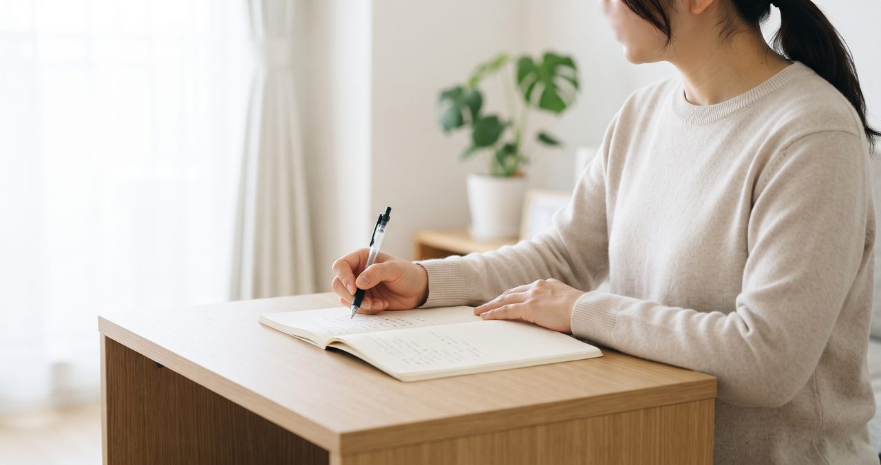 コンパクトなワークデスクに向かってノートに書き込みをしている様子