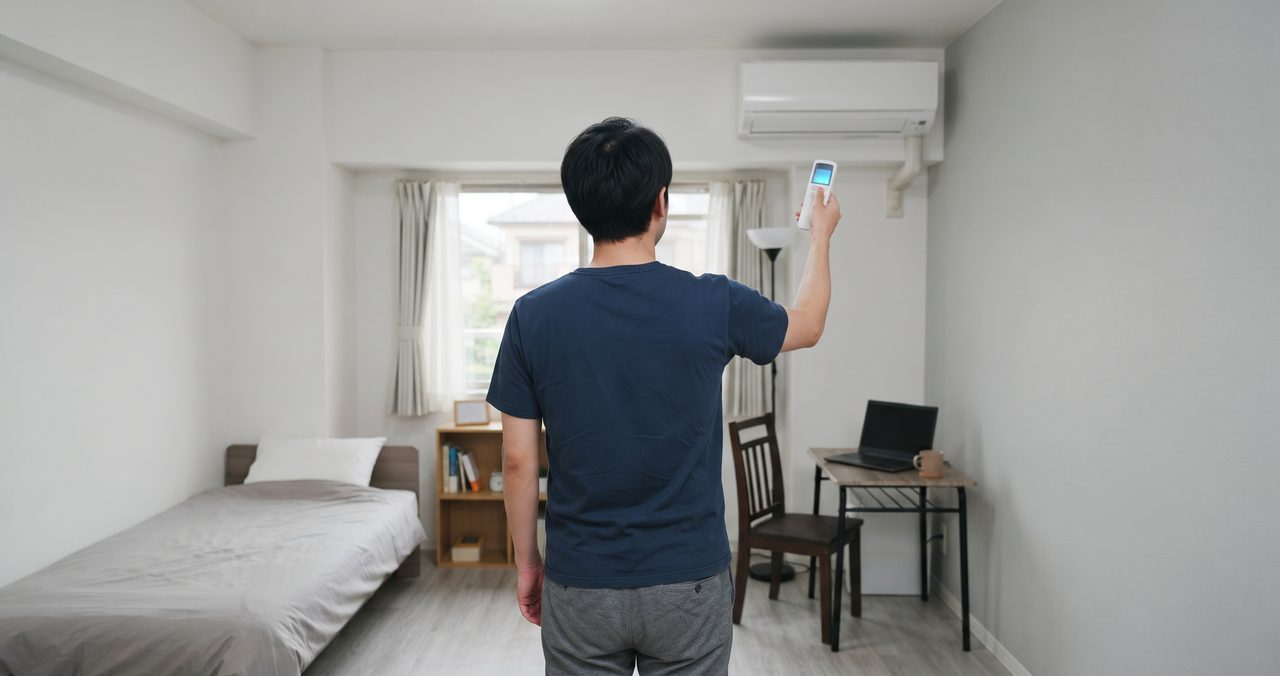 部屋のエアコンにリモコンを向けて操作している後ろ姿、部屋全体が見える構図