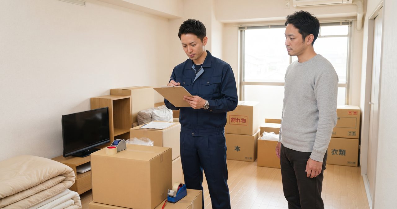 引っ越し業者のスタッフが部屋の荷物量を確認しながらメモを取っている室内の様子