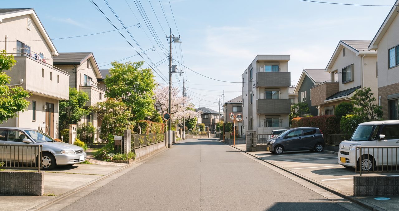 郊外の閑静な住宅街、戸建てと駐車スペースが並ぶ落ち着いた街並み