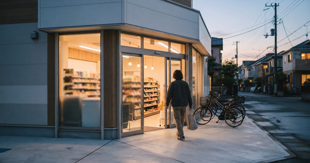 夕方、買い物袋を持って近所のコンビニのような店から出てくる人物の後ろ姿