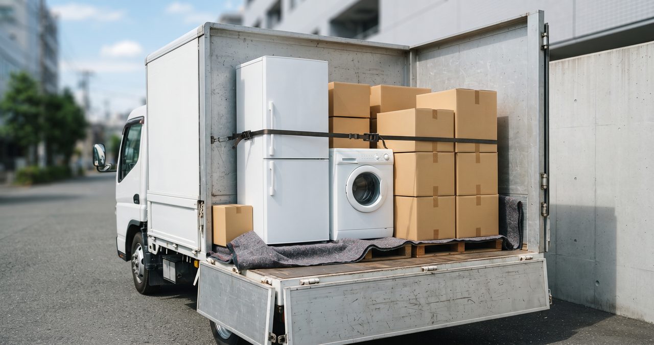 無地のトラックの荷台に自分で購入した冷蔵庫と洗濯機を積み込んでいる様子