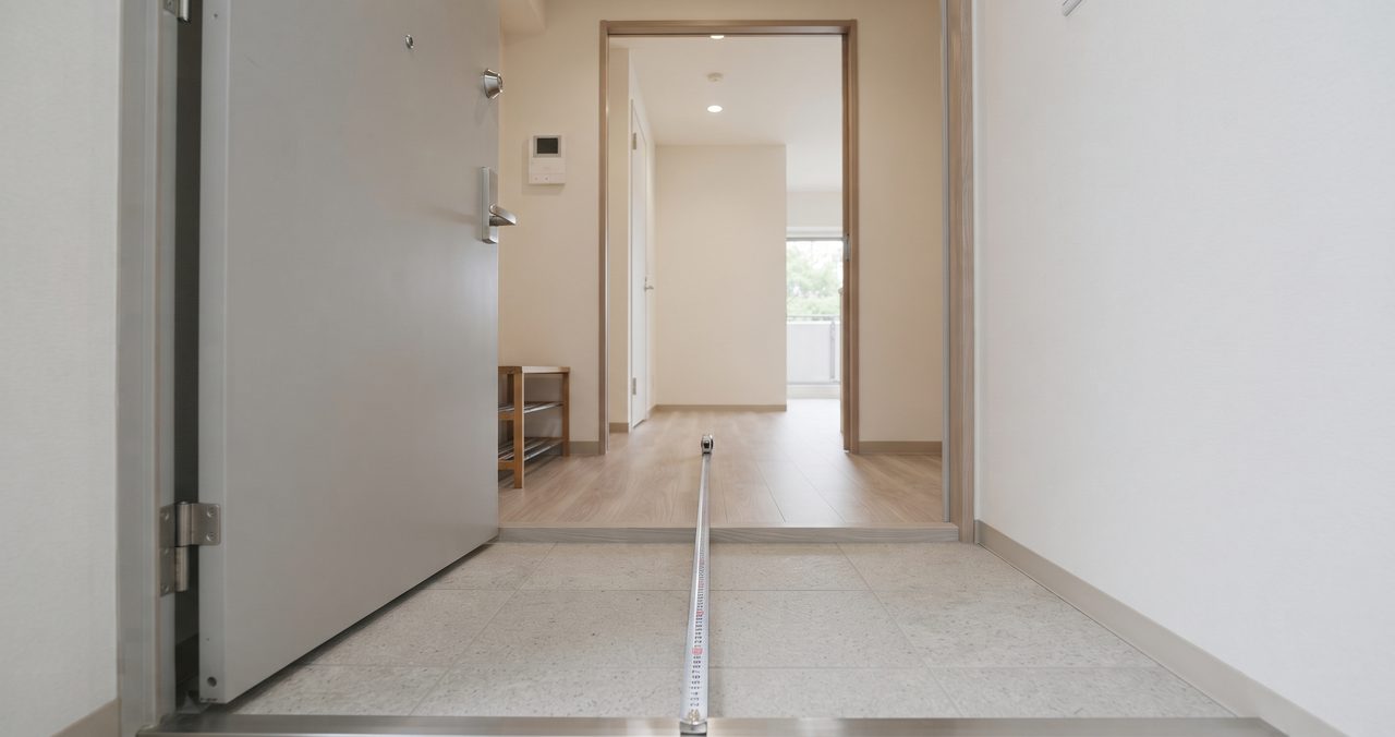 玄関のドアを大きく開け、床にメジャーを伸ばして開口部の幅を測る準備をしている様子(人物なし)