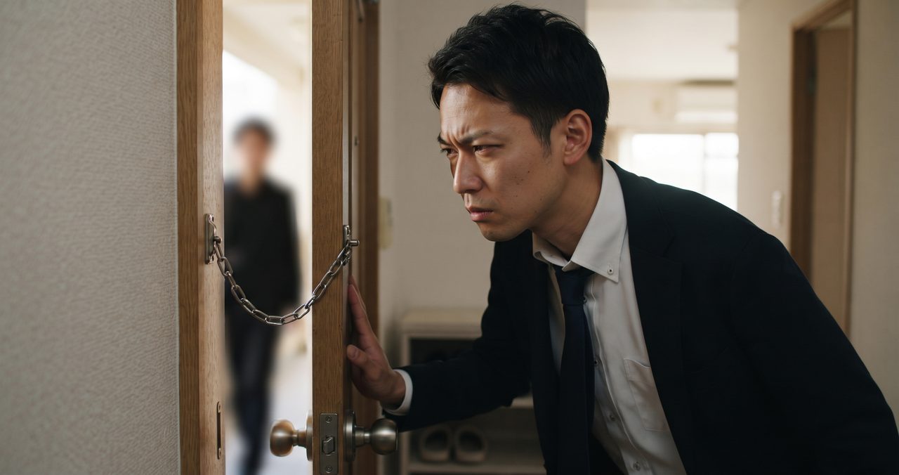 玄関のドアチェーン越しに、訪問者に対して警戒しながら応対している男性会社員の様子