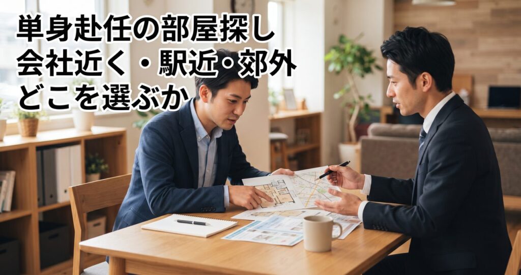 不動産店で担当者と物件のフロアプランを見比べながら会社近く・駅近・郊外を相談している男性会社員