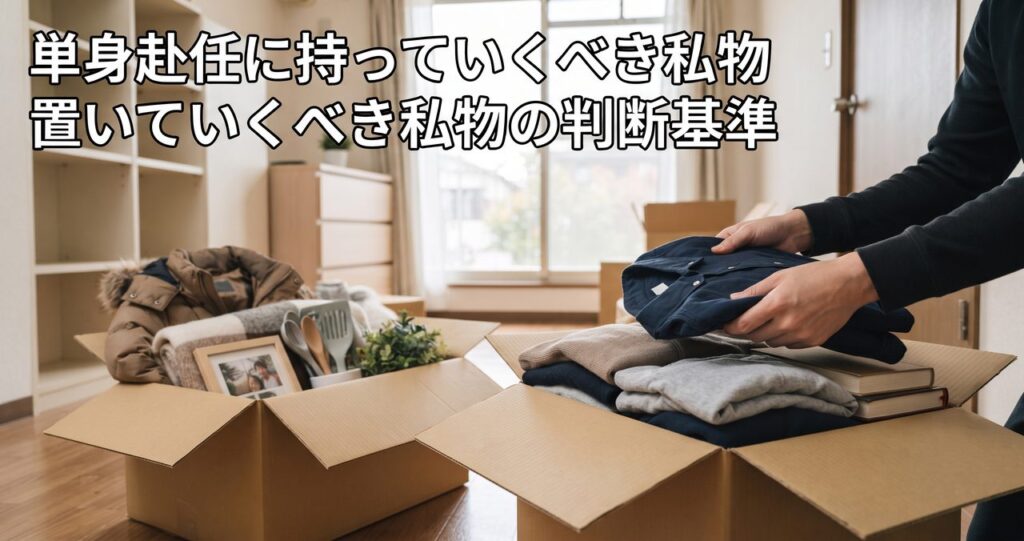 開いた段ボール箱に衣類や思い出の品を詰めながら持っていく私物を選んでいる様子