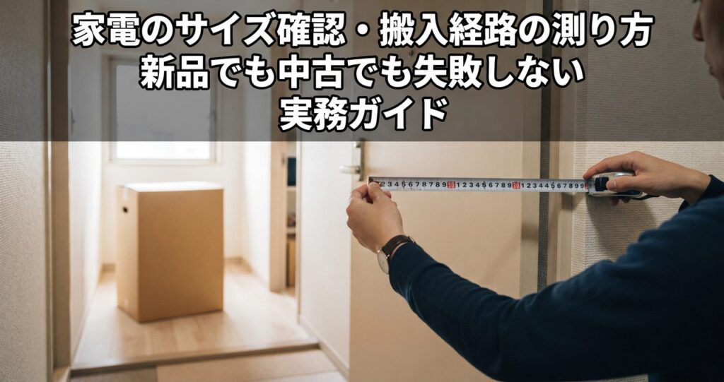 マンションの玄関ドアの開口部をメジャーで測っている手元、奥に段ボール箱の家電