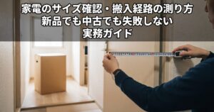 マンションの玄関ドアの開口部をメジャーで測っている手元、奥に段ボール箱の家電