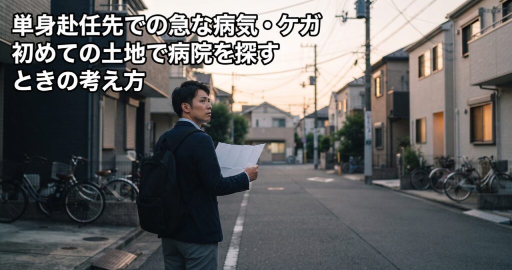 見知らぬ住宅街で地図を手に病院を探している単身赴任者の男性