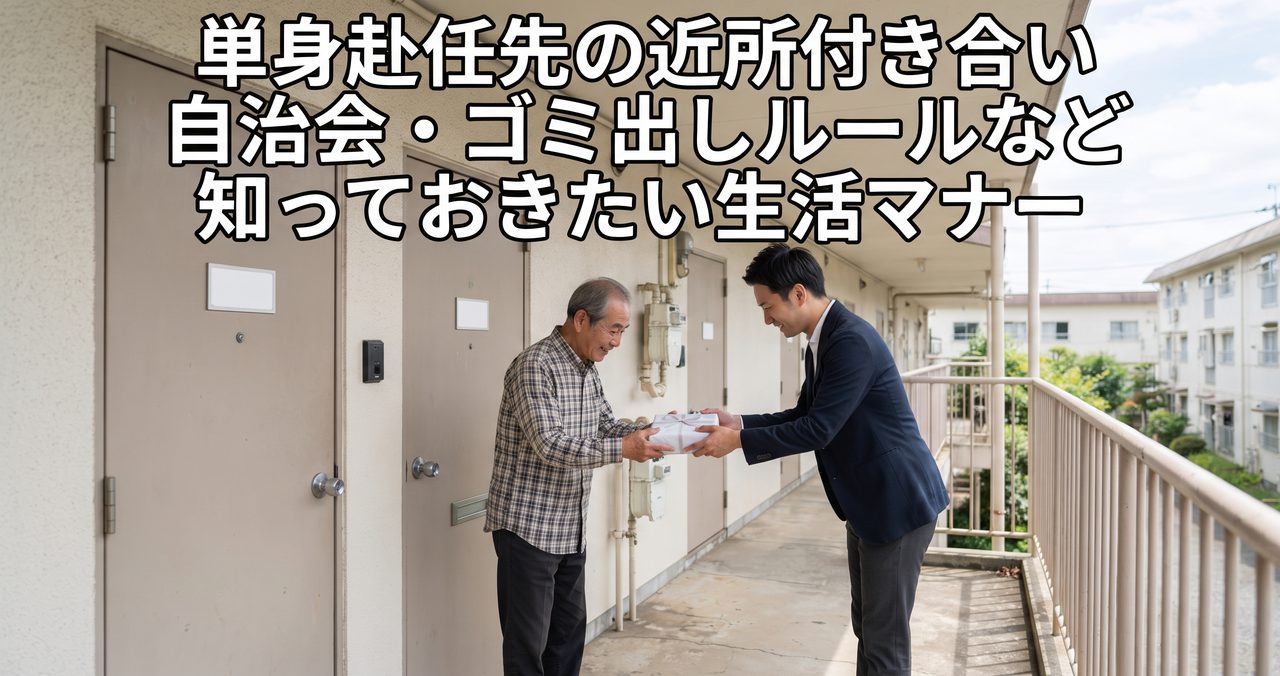 アパートの共用廊下で隣人に手土産を渡しながら挨拶している男性会社員
