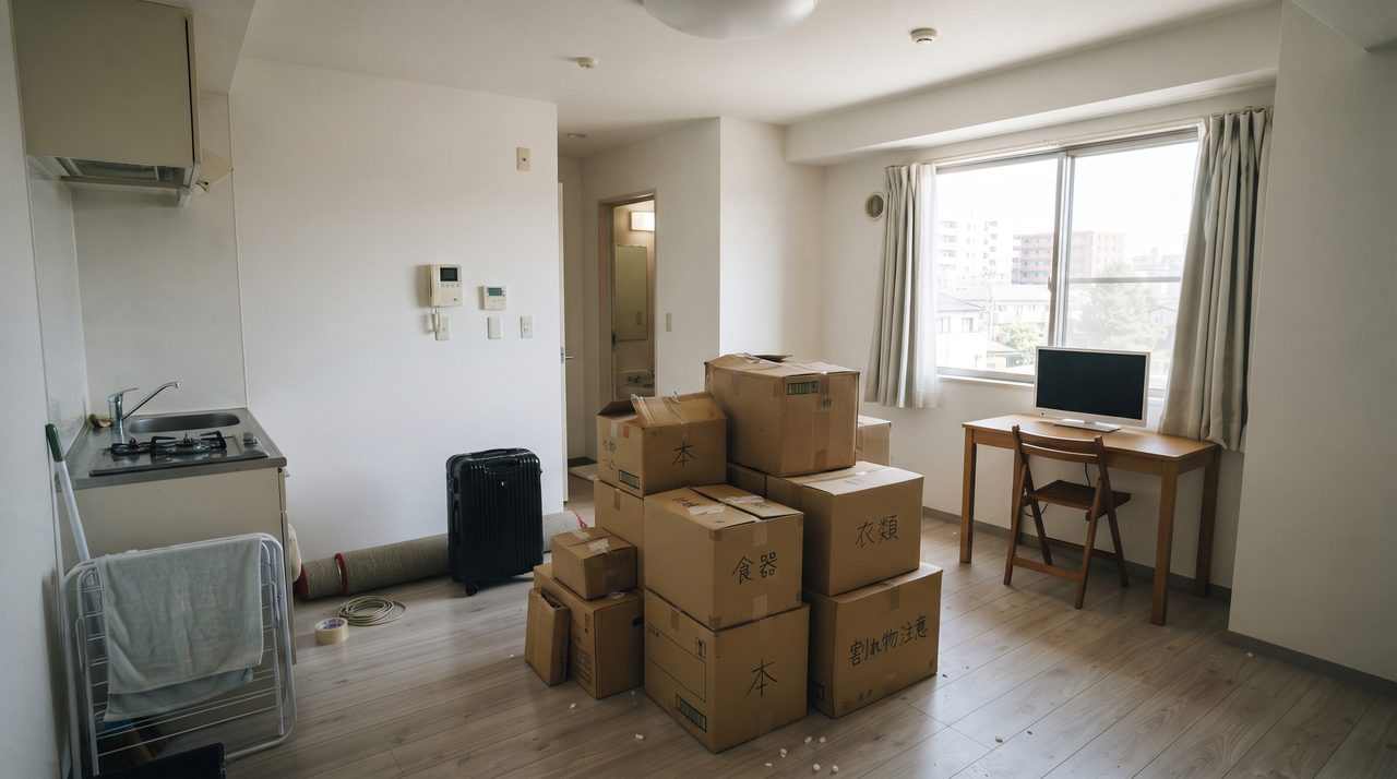 単身赴任先とみられるワンルームの部屋に積まれた引っ越し用の段ボール箱、赴任時の一時金でそろえた新生活の様子