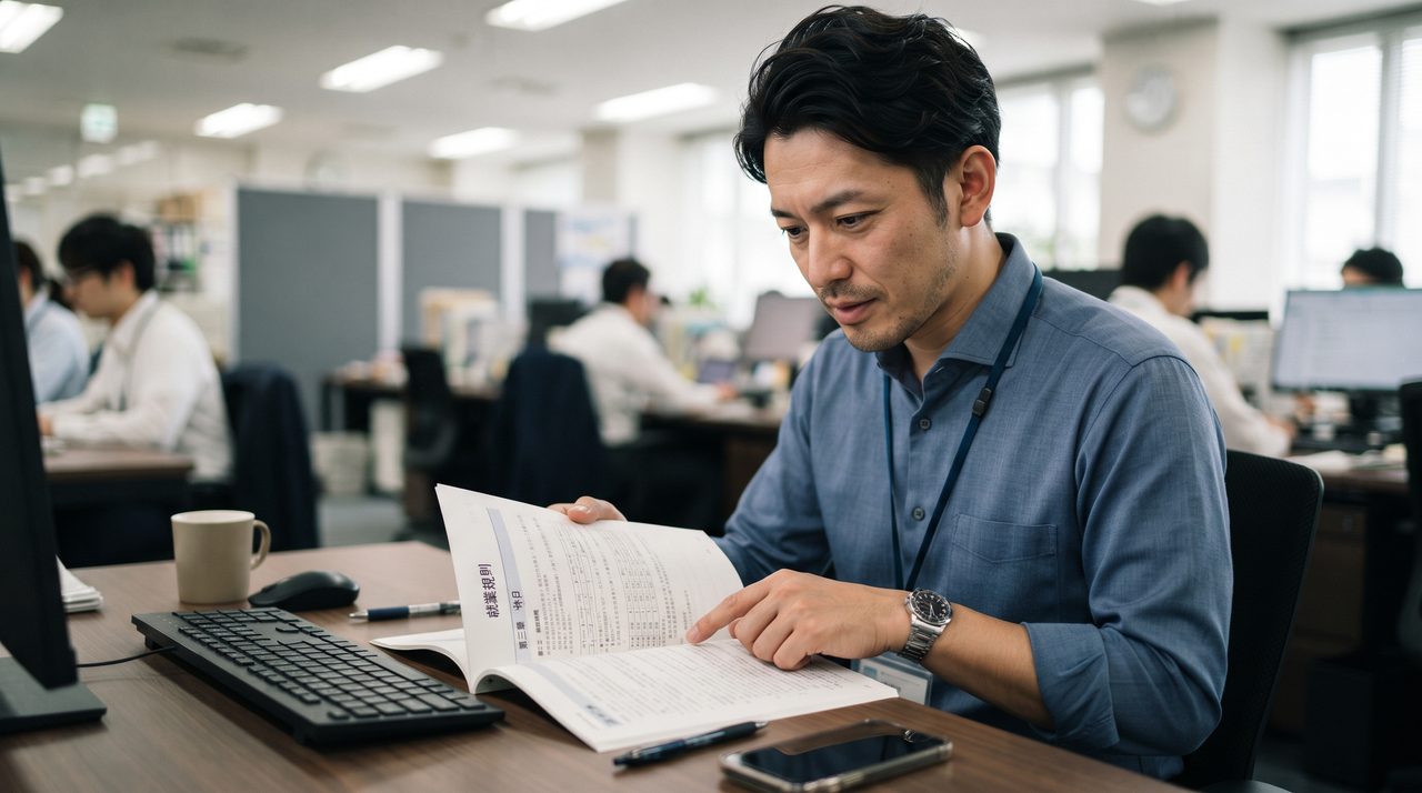 オフィスのデスクで就業規則の冊子を開き、指でなぞりながら確認している30代くらいの会社員の手元