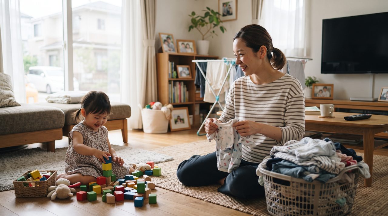 自宅のリビングで洗濯物を一人で畳みながら子どもの様子も気にかけている女性、単身赴任で残された家族の日常