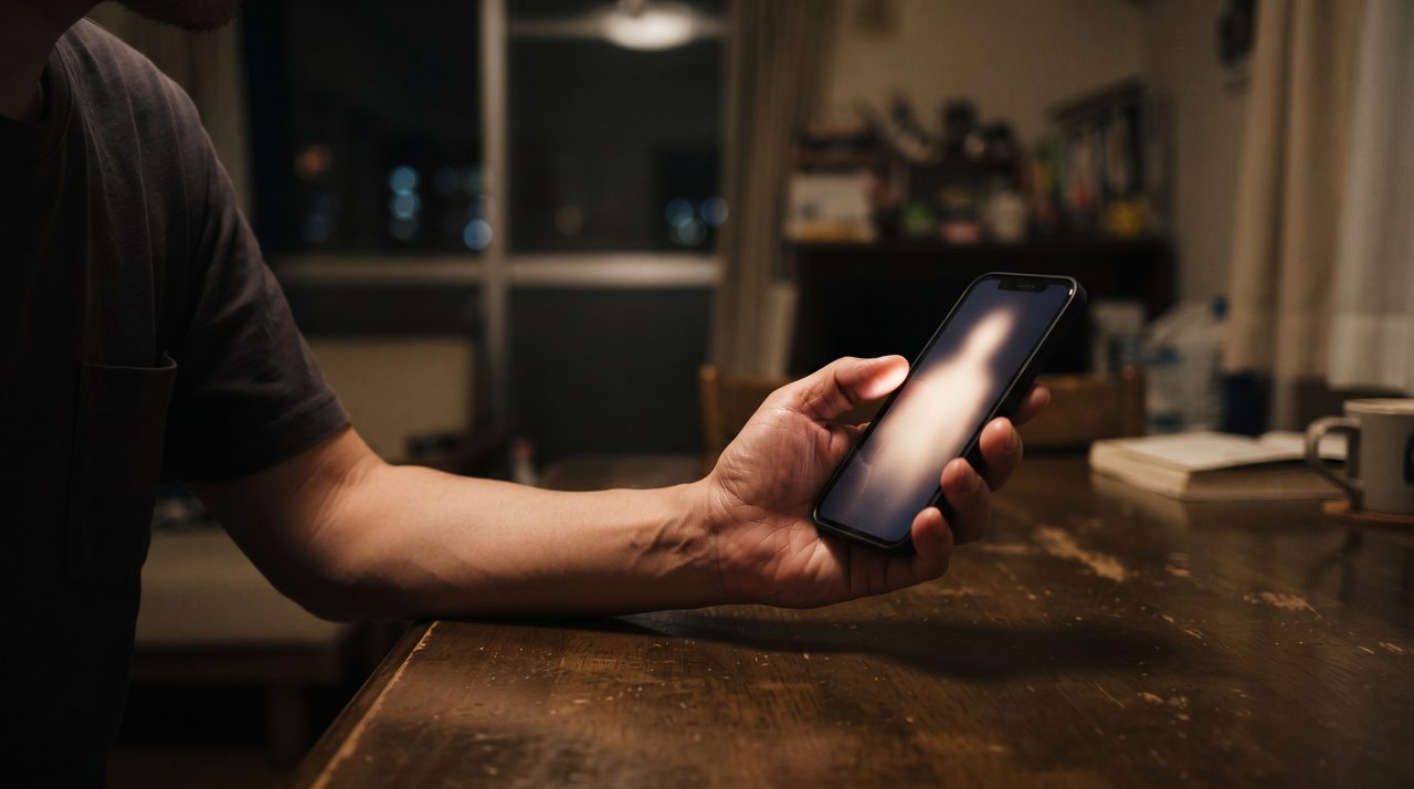 単身赴任先の部屋でスマートフォンを持ち画面越しに家族と話している男性の手元とスマホのクローズアップ、画面は抽象的な発光のみ
