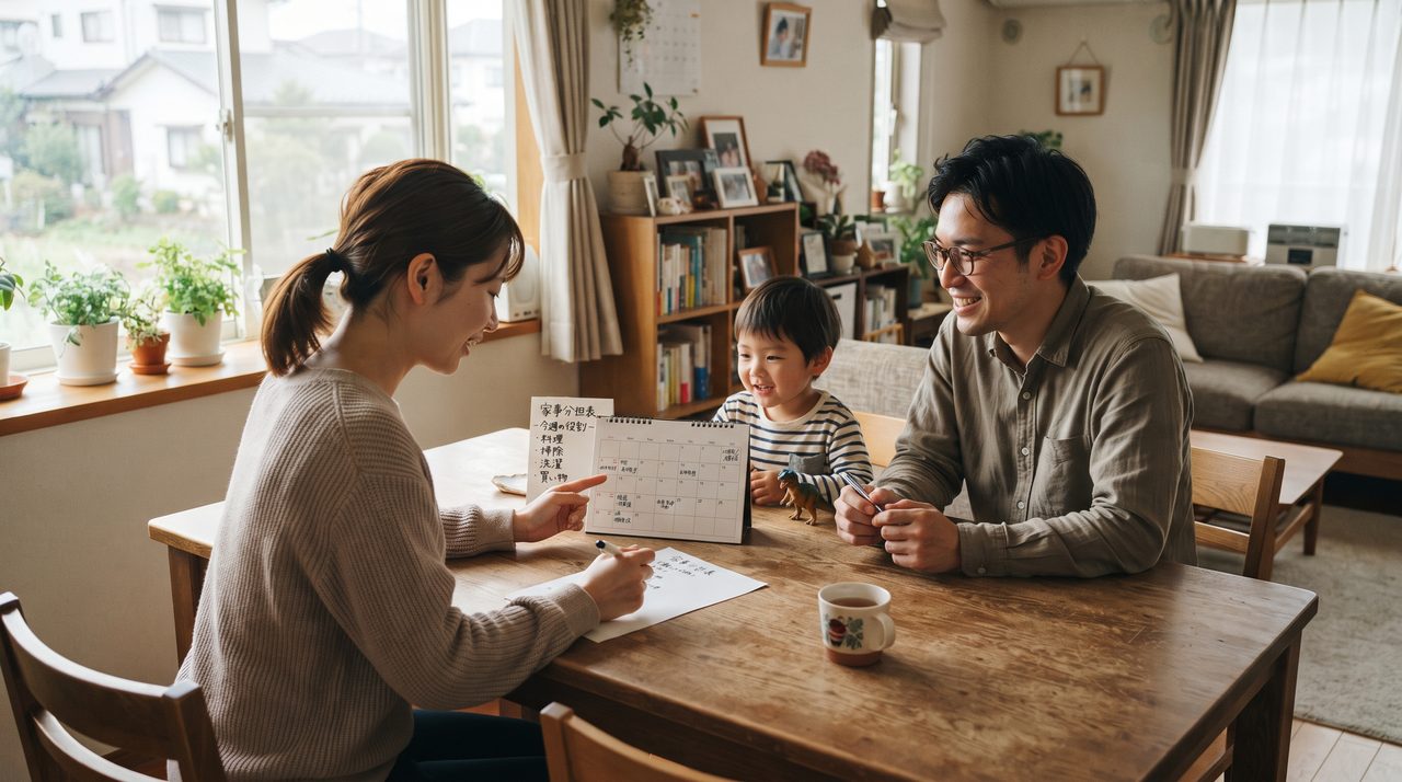 リビングで夫婦と子どもが家事や送り迎えの分担についてカレンダーを見ながら話し合っている様子