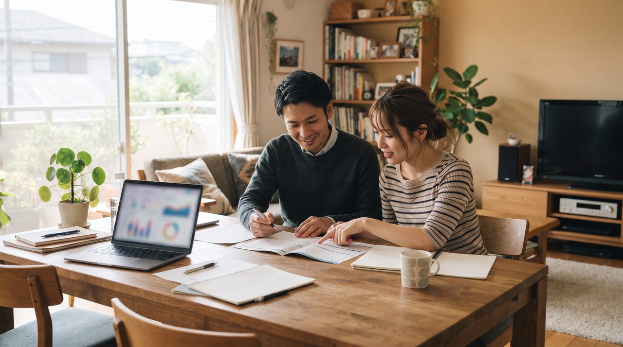 自宅のリビングで夫婦がノートPCと書類を前に、住宅ローン控除や確定申告について一緒に確認している様子