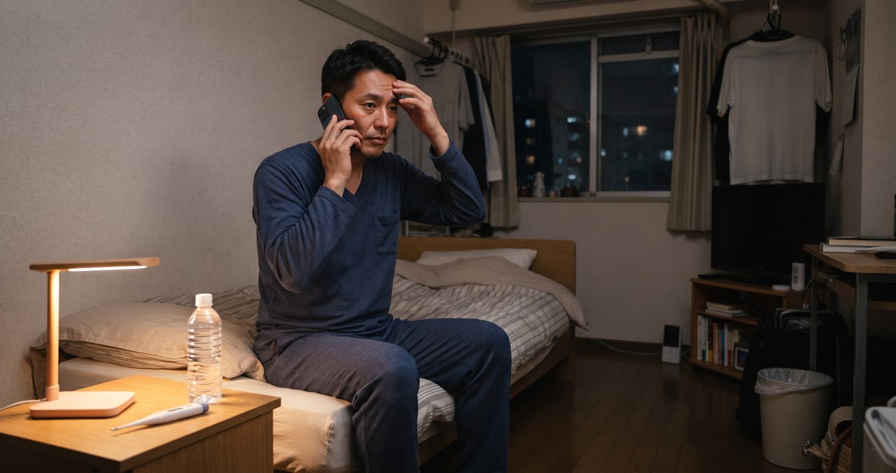 夜、ワンルームの部屋でスマートフォンから夜間の相談窓口に電話をかけている男性