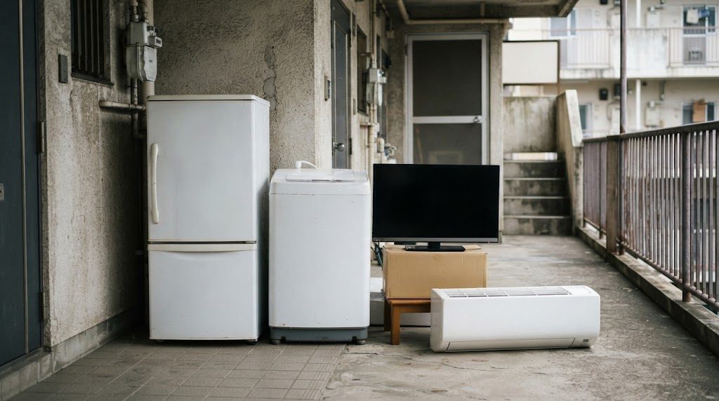 廊下に冷蔵庫、洗濯機、テレビ、エアコンが並び、家電リサイクルの回収を待っている様子