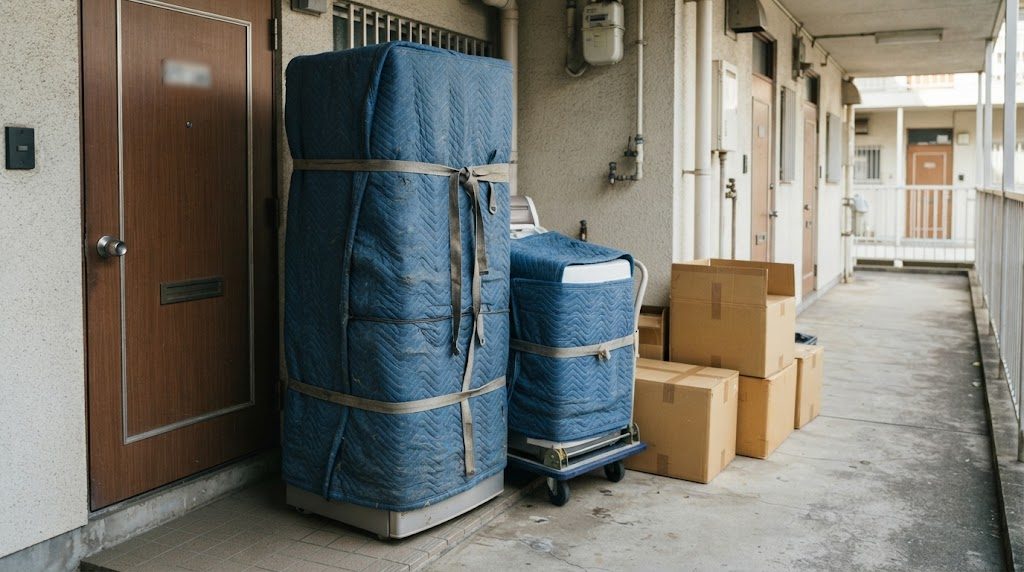 引っ越し業者に運んでもらうため、冷蔵庫と洗濯機が養生の毛布に包まれて玄関先に置かれている様子
