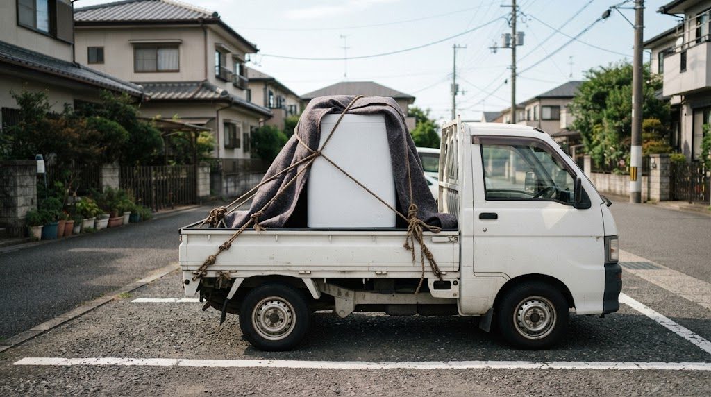 地域内取引で譲り受けた洗濯機を、軽トラックの荷台に毛布で包んでロープで固定した様子