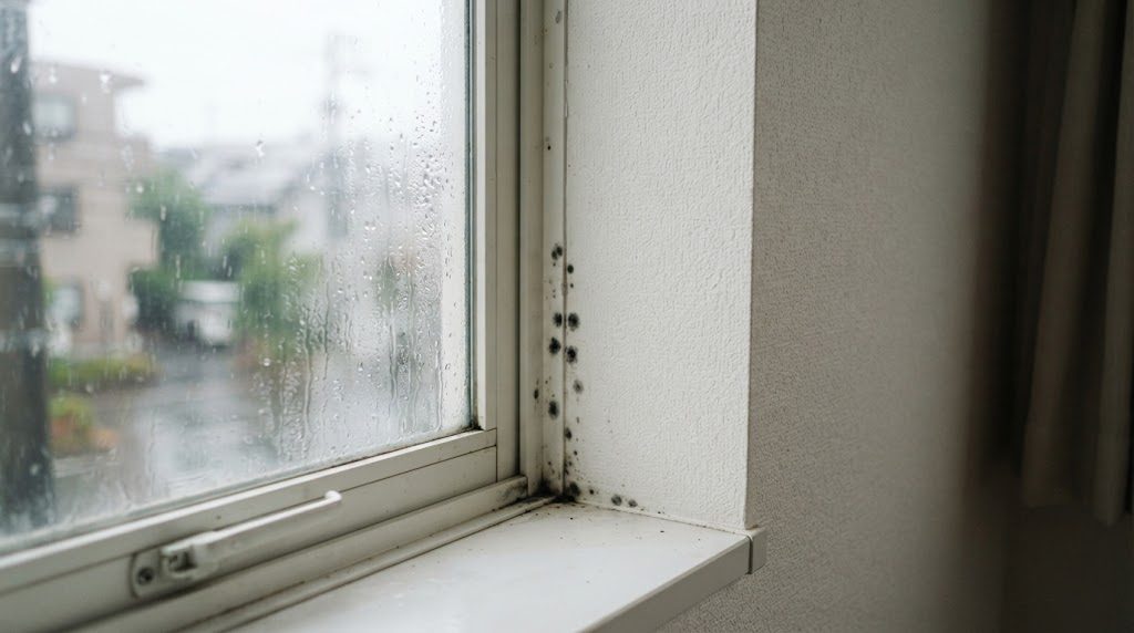 梅雨の時期、窓際の壁の隅に黒いカビが出て、窓ガラスに結露がついている様子