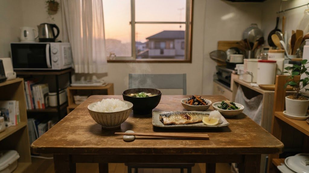 小さなテーブルに、ご飯・味噌汁・焼き魚の一人分の夕食を並べた様子