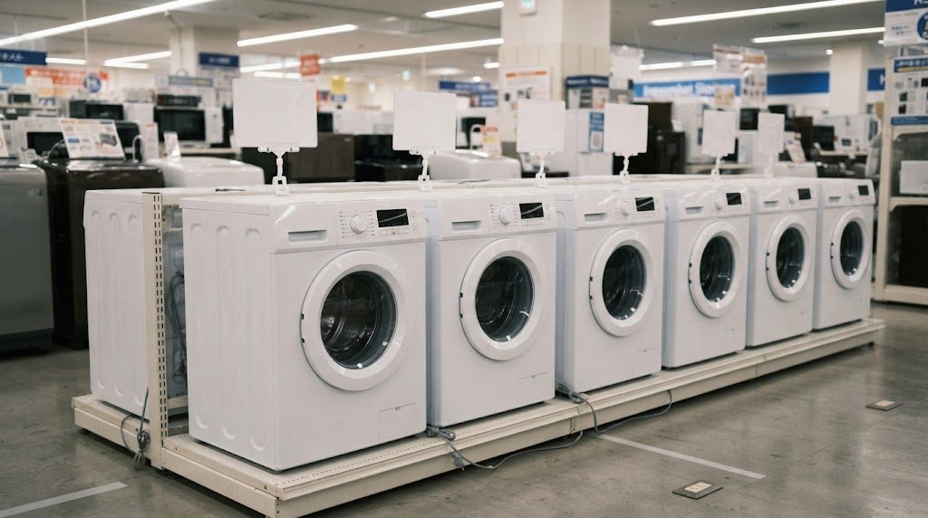 家電量販店の売り場に、白い小型の洗濯機が並んでいる様子