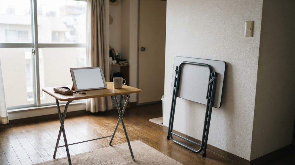 1Kの部屋に広げた折りたたみ式の小さな机と、壁に立てかけた畳んだ机